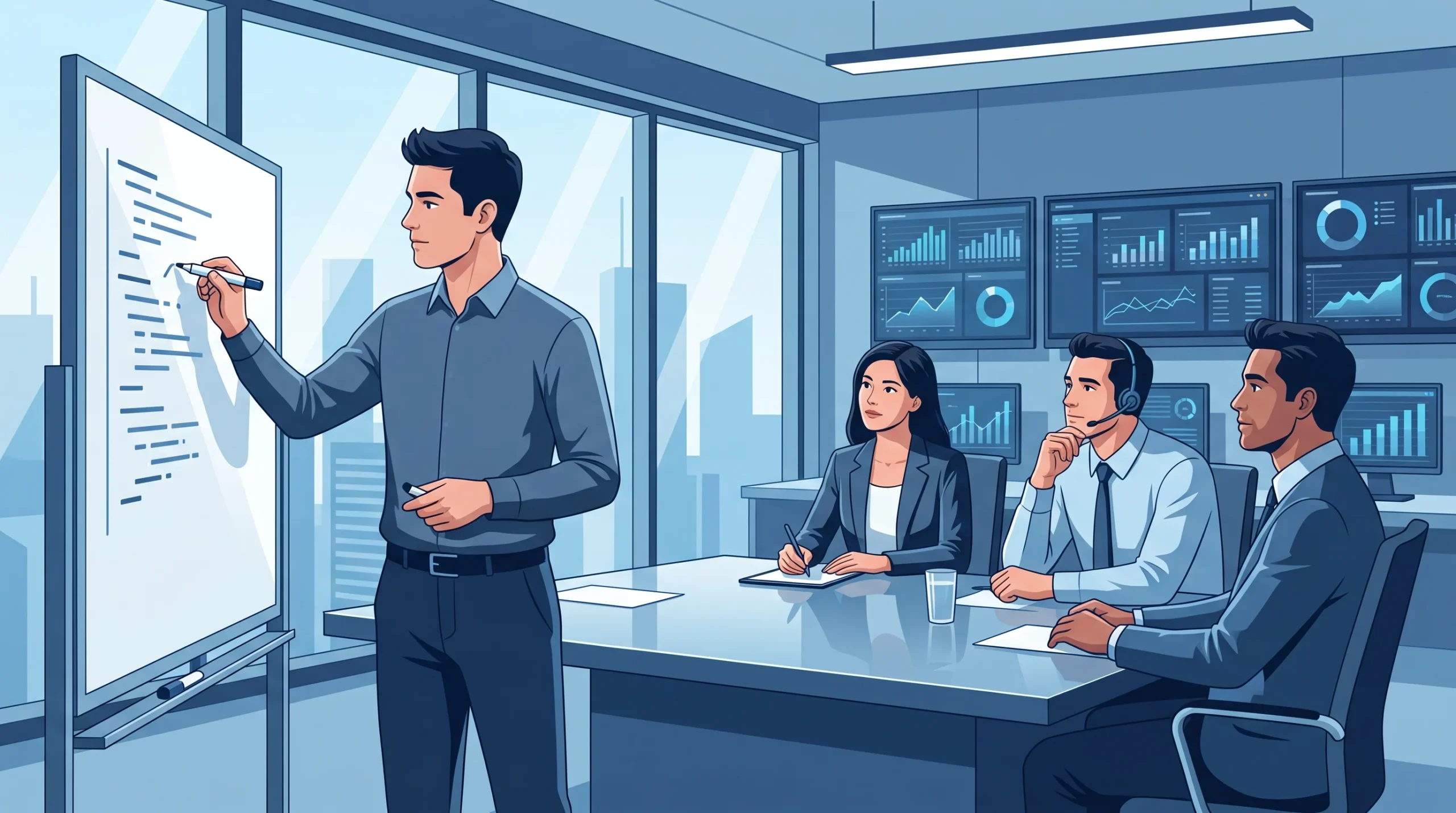 Professional illustration of a candidate solving technical SQL whiteboard interview questions with an interview panel