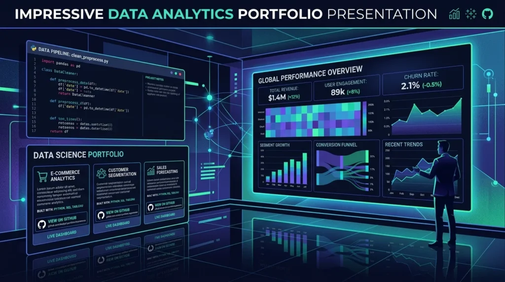 Modern executive data analytics portfolio presentation with KPI dashboards and code reviews.
