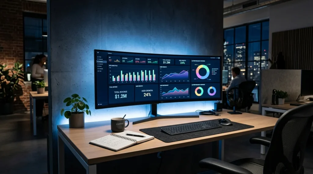 Modern data analyst workspace with analytics dashboard on ultrawide monitor showing charts and KPIs