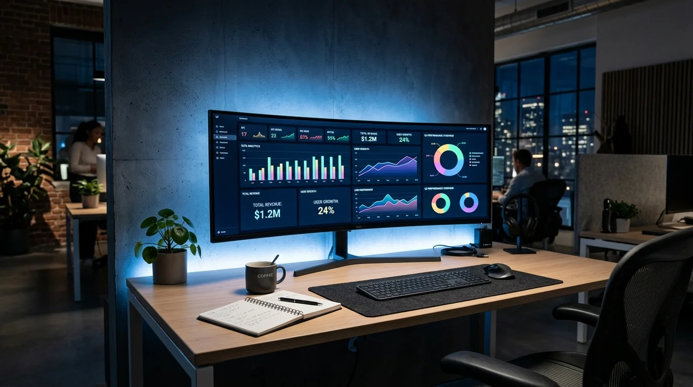 Modern data analyst workspace with analytics dashboard on ultrawide monitor showing charts and KPIs