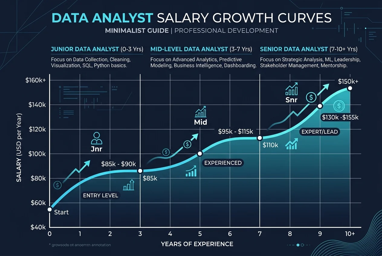 Data Analyst Salary Growth Curves by Experience Level Infographic