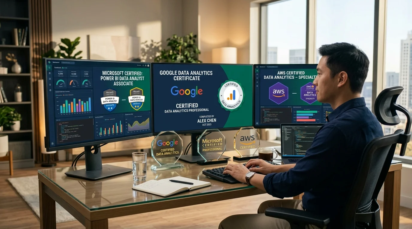 data analytics certifications guide workstation displaying google microsoft and aws digital credentials
