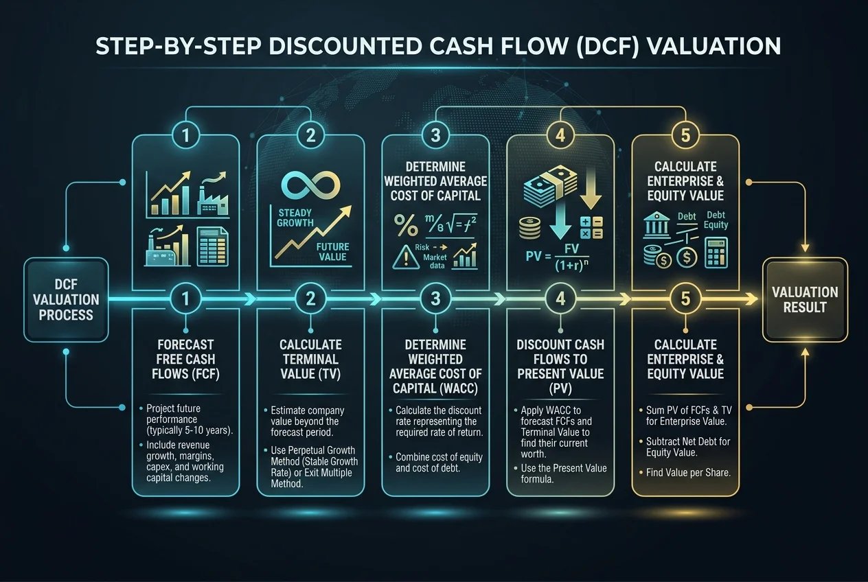 The Complete <span class="sr-year"></span> Financial Modeling Roadmap: From Excel to DCF & LBO Models 2 financial modeling roadmap 5 step dcf valuation workflow showing free cash flow forecast terminal value and wacc