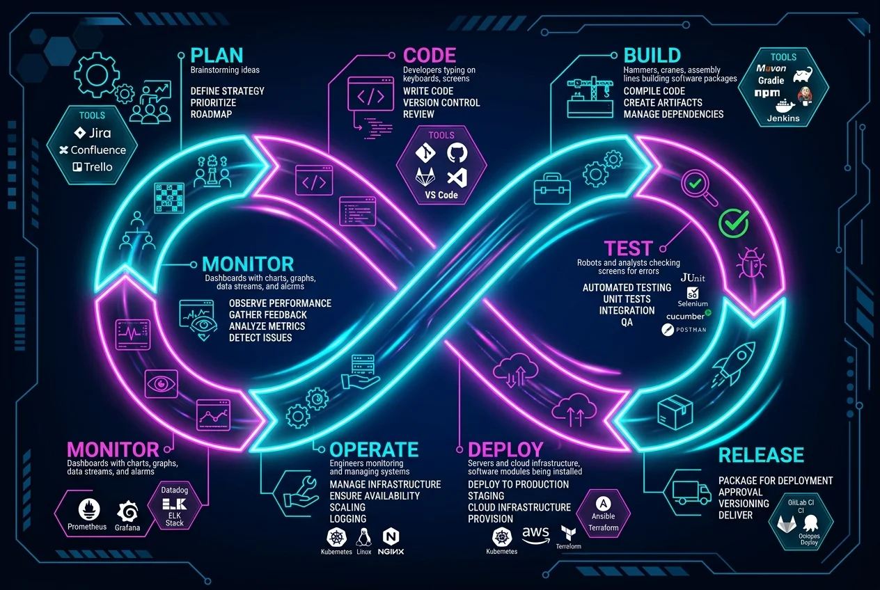 The Complete <span class="sr-year"></span> DevOps Roadmap for Beginners: Phase-by-Phase Career Path 1 devops roadmap for beginners continuous lifecycle infinity loop diagram showing plan code build test release deploy operate and monitor