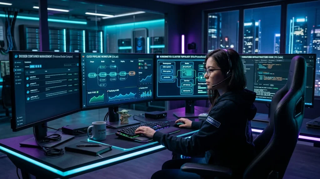 devops roadmap for beginners futuristic workstation displaying kubernetes docker and cicd pipelines