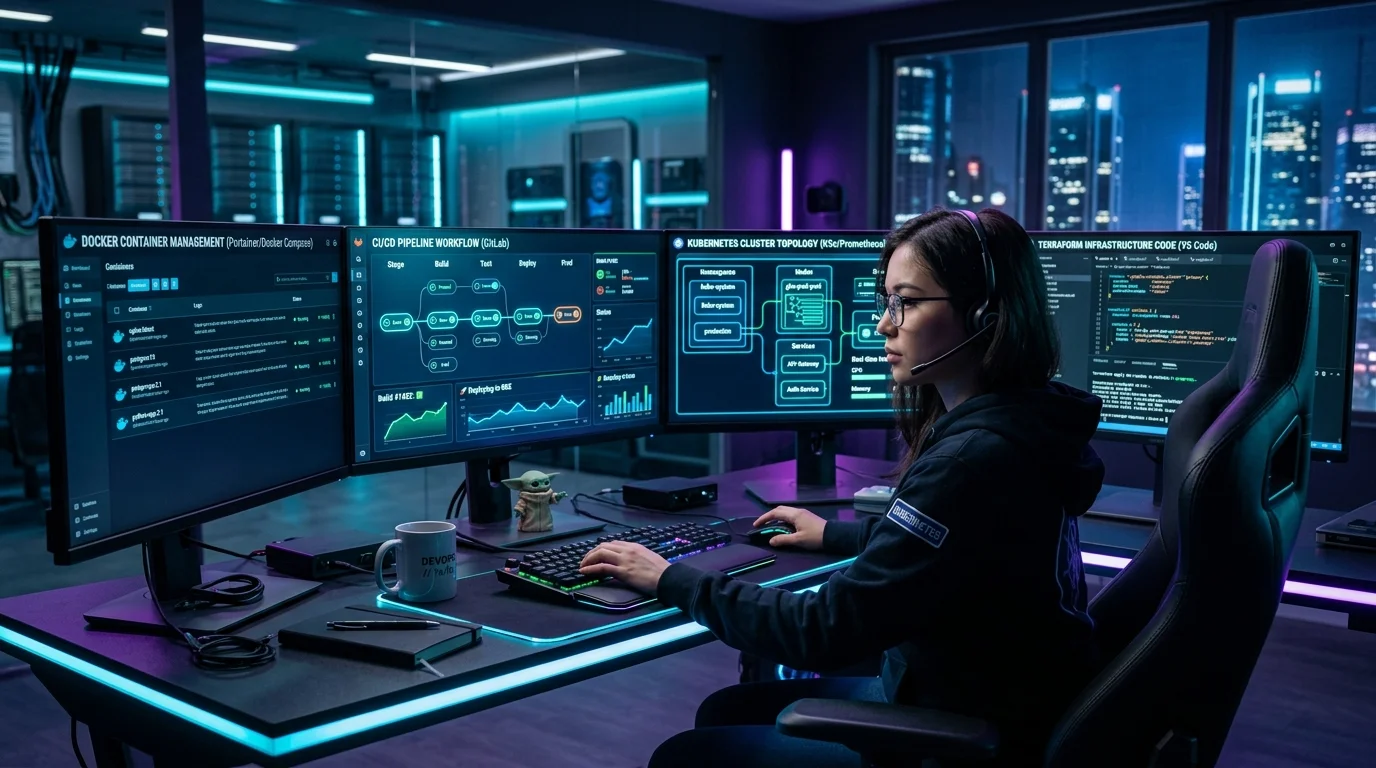 devops roadmap for beginners futuristic workstation displaying kubernetes docker and cicd pipelines
