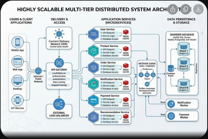 System Design Interview Prep: The Step-by-Step <span class="sr-year">2026</span> Framework 1 Complete distributed systems tier diagram showing CDN, load balancing, caching, and database clusters