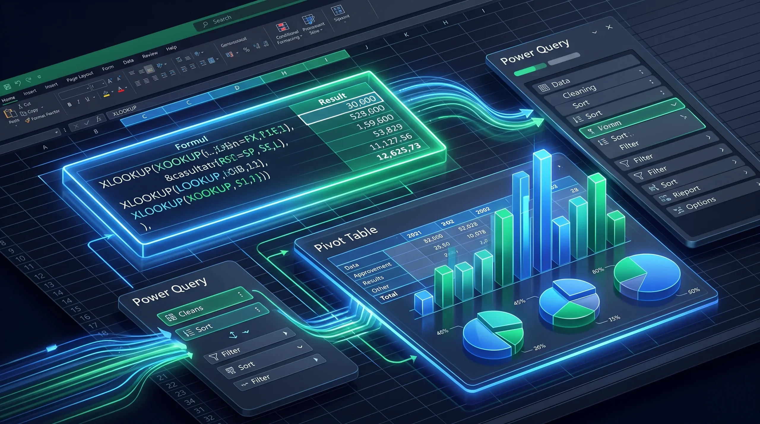 Modern editorial illustration of Microsoft Excel for data analysis featuring XLOOKUP, Power Query, and Pivot Tables