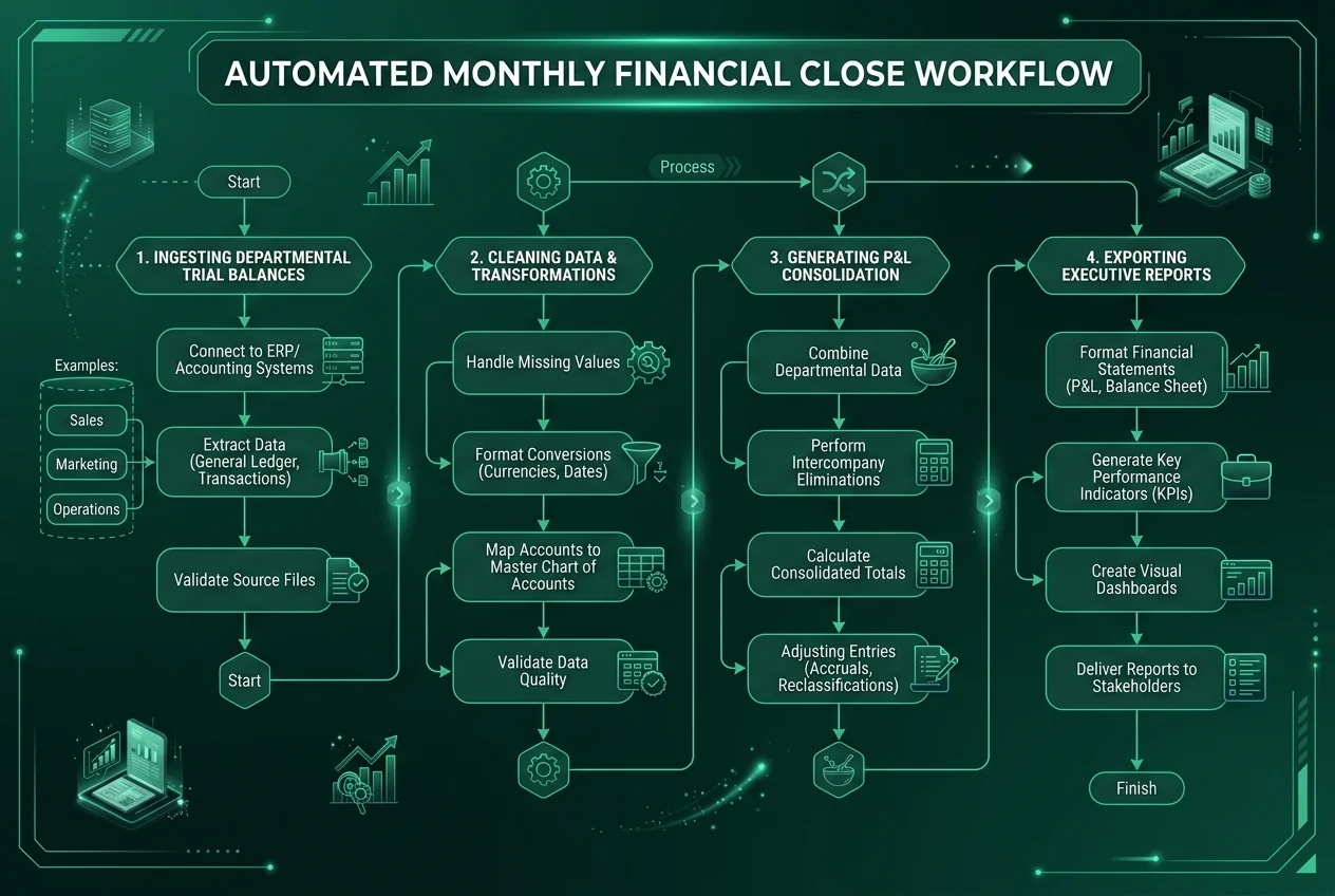 Flowchart showing automated multi-sheet trial balance aggregation and financial statement generation
