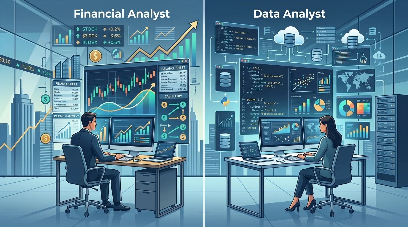 Comprehensive career comparison between financial analysts and data analysts illustrating daily tools and workflow