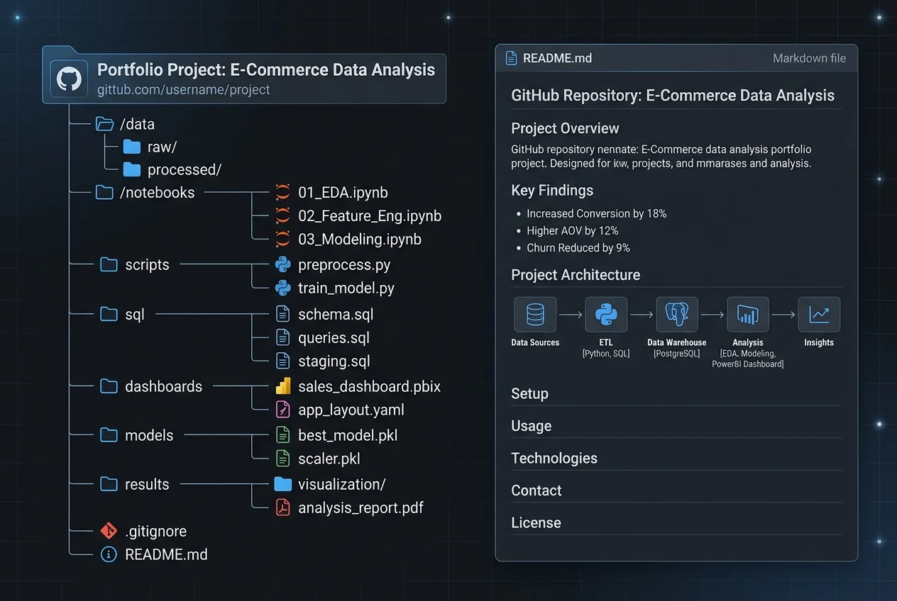 5 Beginner Data Analyst Portfolio Projects That Will Get You Hired (Free Datasets) 2 Data Analyst GitHub Portfolio Project Directory and README Structure Example