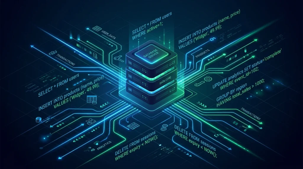 Relational database architecture and SQL query flow illustration.