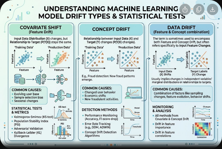 Top 20 Machine Learning Engineer Interview Questions & Scenarios for <span class="sr-year">2026</span> 2 Statistical framework comparing data drift, concept drift, and detection algorithms