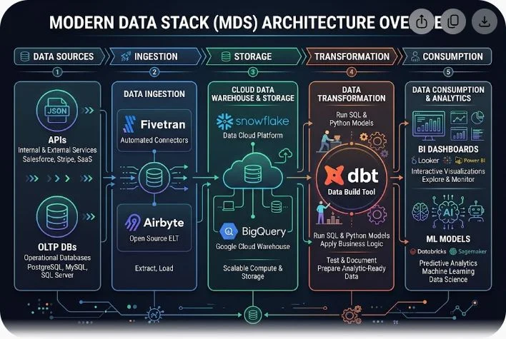 The Complete <span class="sr-year"></span> Data Engineering Roadmap for Beginners: Zero-to-Hire Architecture Guide 1 data engineering roadmap for beginners modern data stack diagram showing ingestion storage dbt and consumption