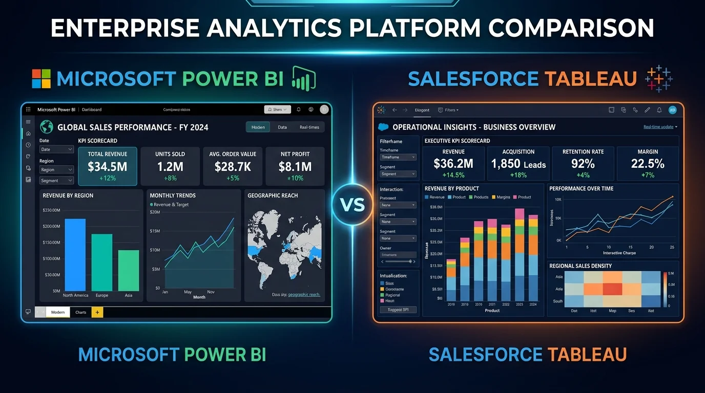 Split screen comparison between Microsoft Power BI and Salesforce Tableau interactive data dashboards.