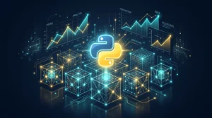 Home 5 Python data analytics concept illustration with multidimensional data cubes and line charts.