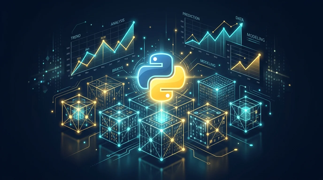 Python data analytics concept illustration with multidimensional data cubes and line charts.
