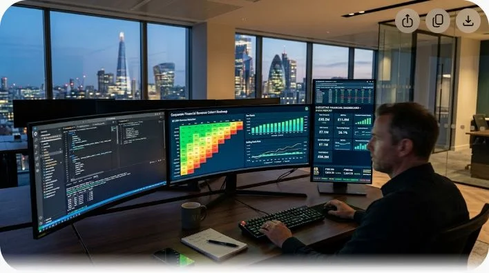 sql for financial analysts executive workstation displaying database queries and revenue analytics