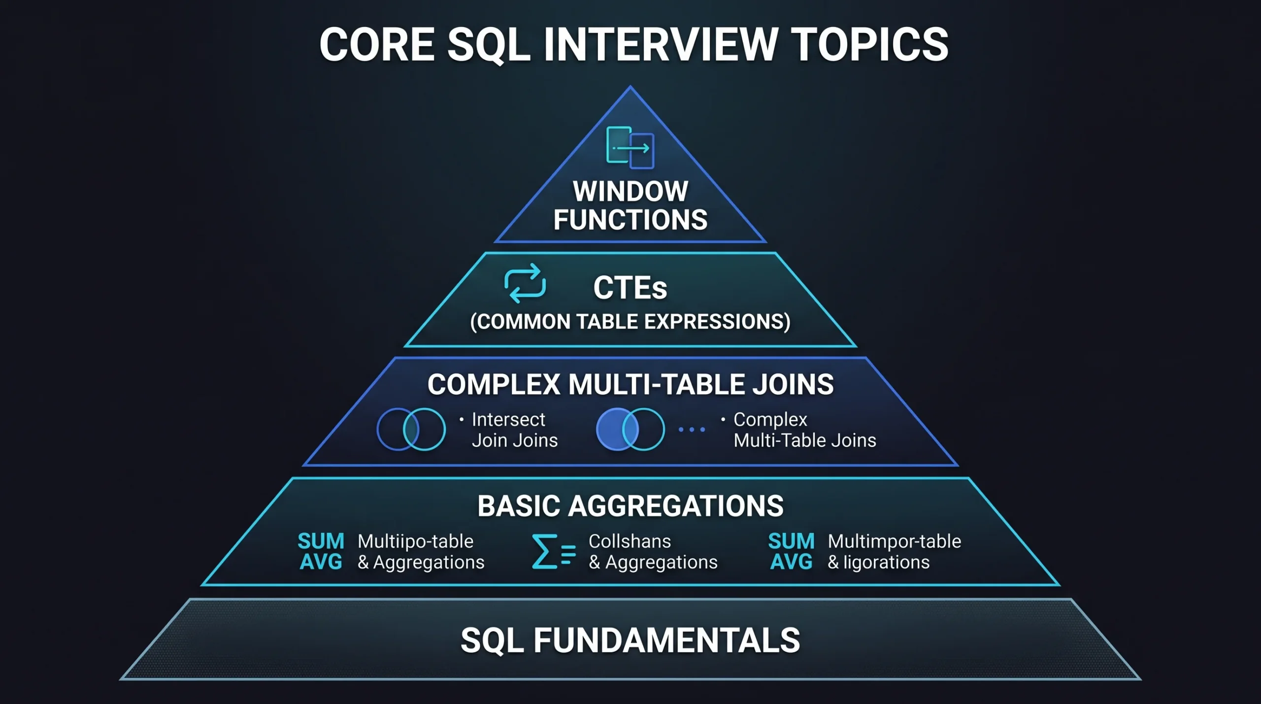 Data Analyst Interview Questions - Visual taxonomy of core SQL interview topics from basic joins to Common Table Expressions and window functions