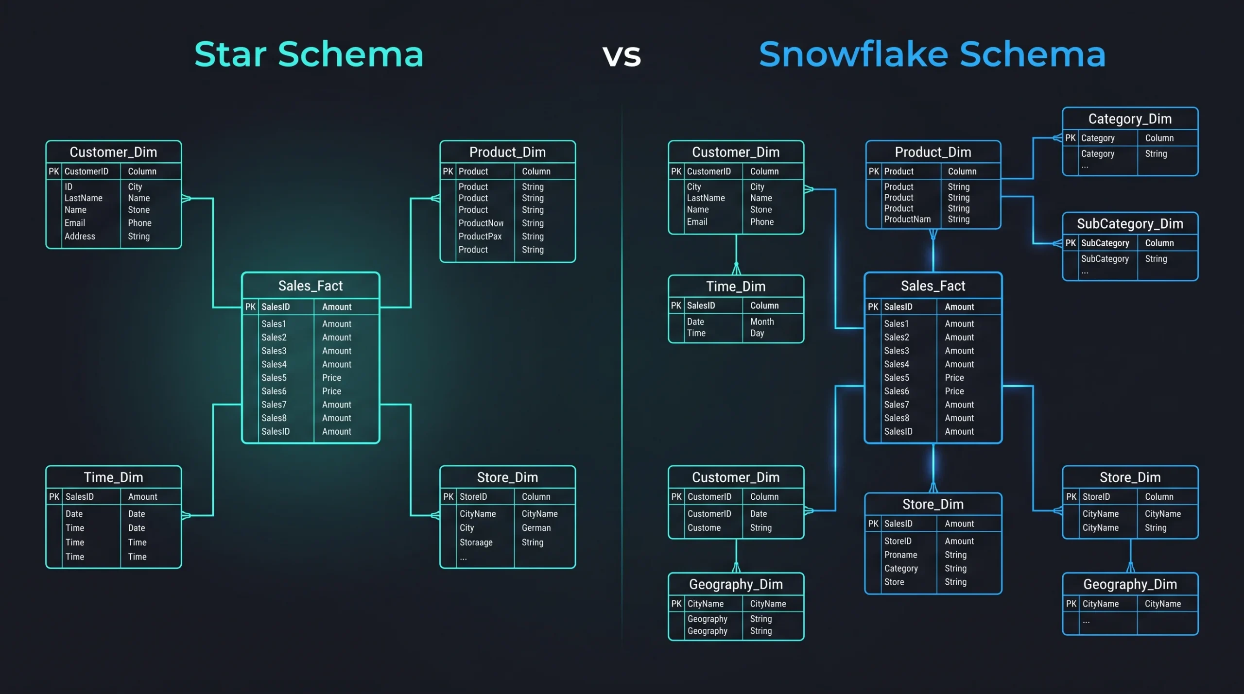 Architectural schema diagram comparing Star Schema versus Snowflake Schema in dimensional data modeling